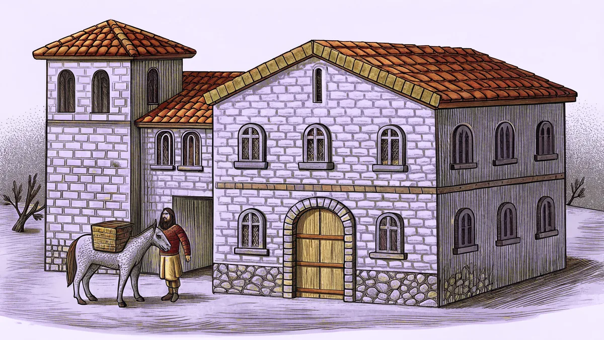 Traveler on donkey nearing stone inn with earthen vessels on steps