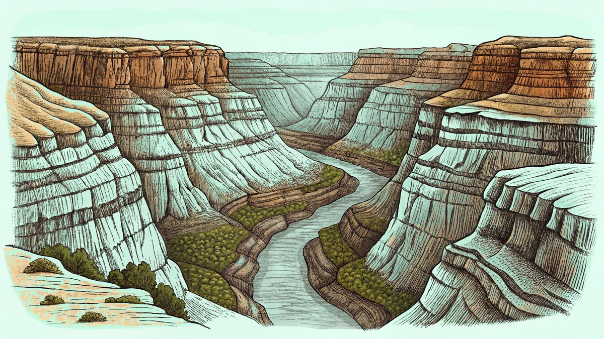 The Grand Canyon showing massive eroded rock layers and the river below.