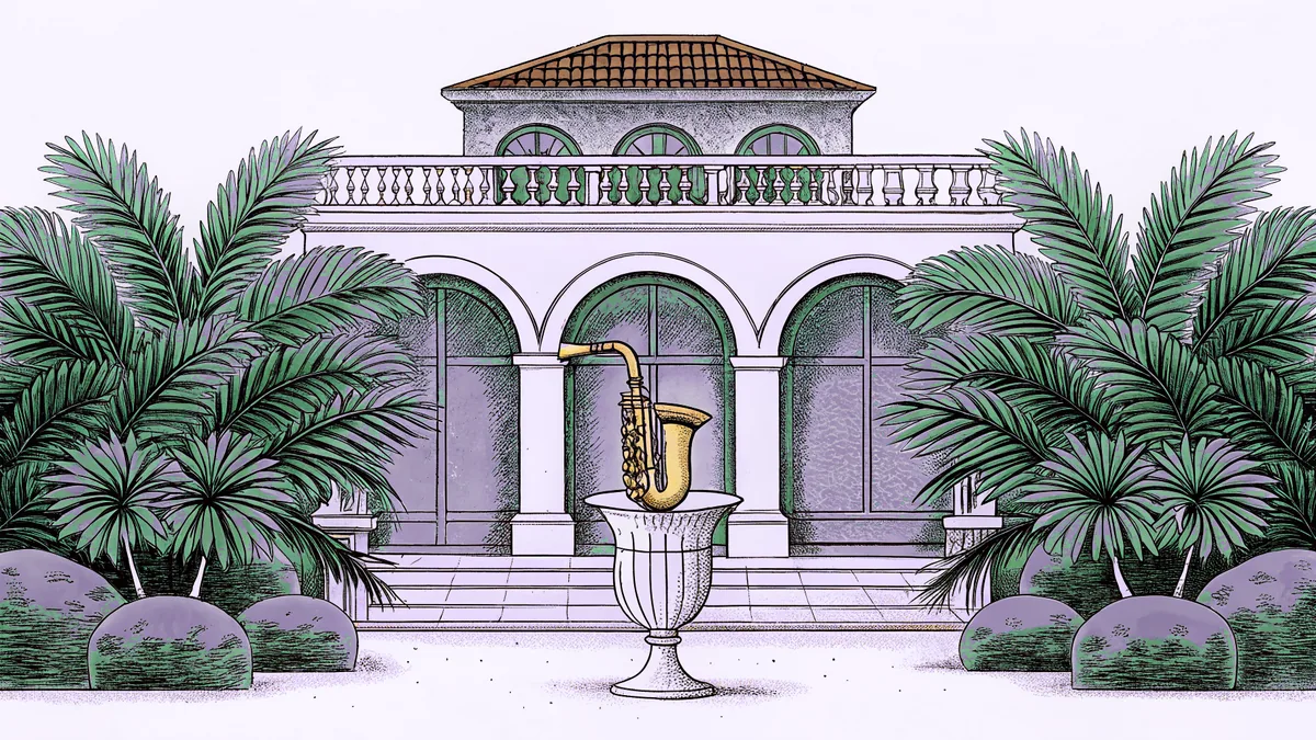 A crystal champagne glass sits beside a jazz saxophone on a mansion terrace.