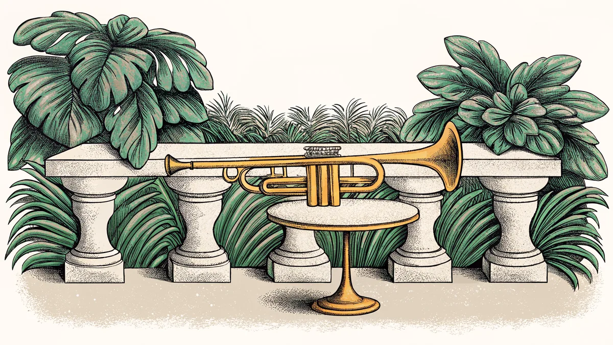 A trumpet rests on a cabaret table beside a brownstone stoop glowing at dusk.