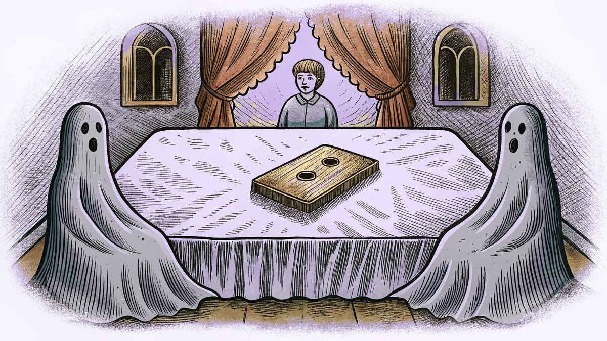 A wooden planchette sits on a table in a cold mansion while ghostly shadows loom in the darkness.
