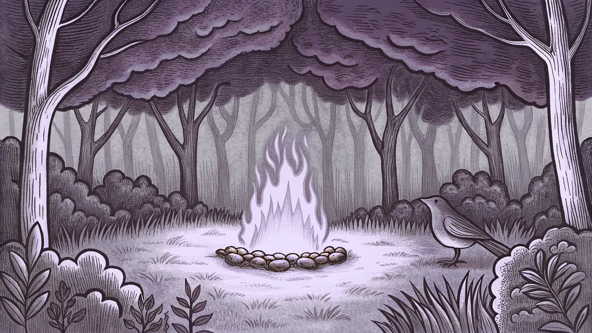 A woodland clearing holds a wild bird beside dark berries and a crackling campfire.