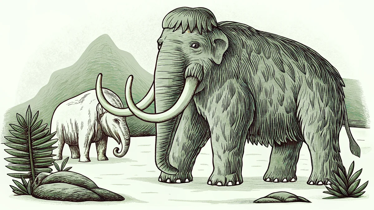 Ice Age animals in snowy tundra with frozen terrain.