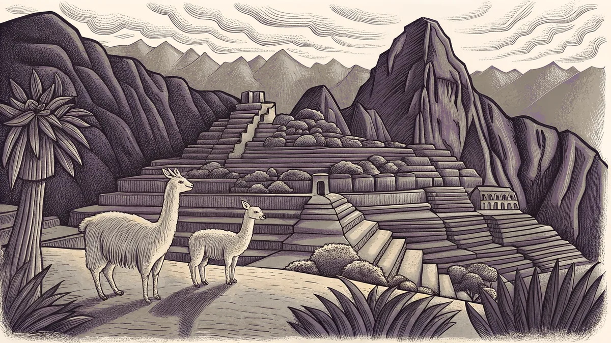 Llama and alpaca graze on terraced Andean slopes high above the ancient Machu Picchu ruins.