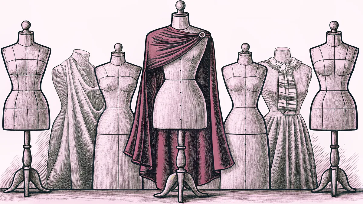 A superhero cape drapes from a design mannequin beside fashion sketches on a professional tailor's form.
