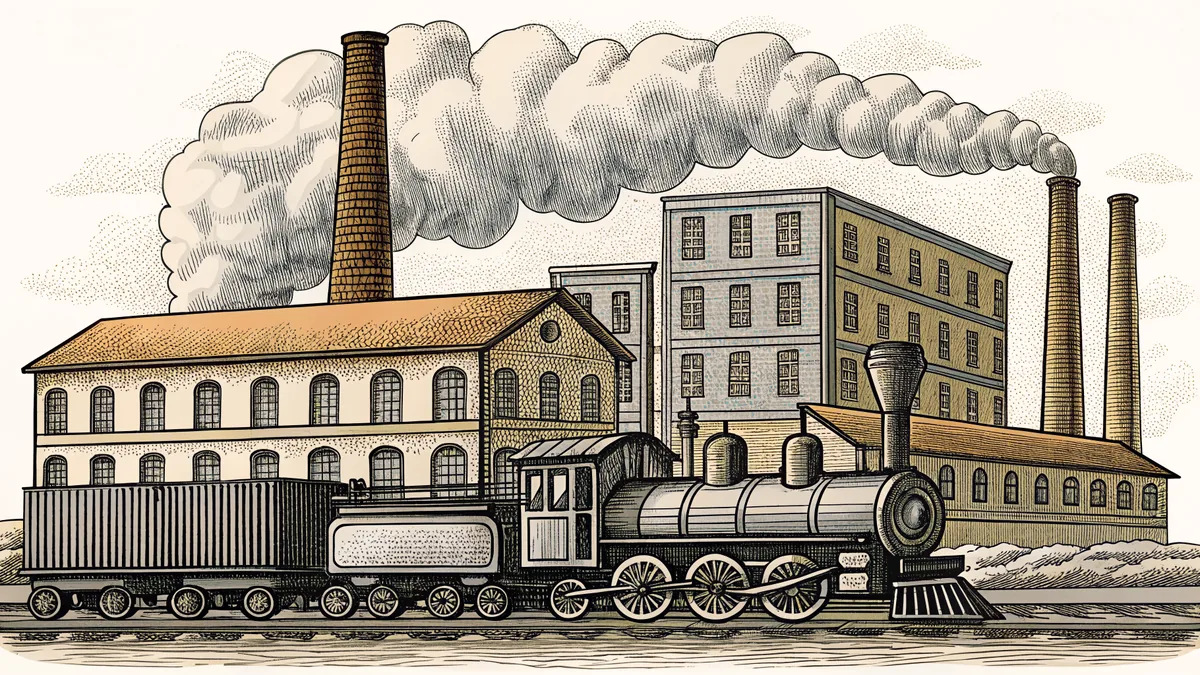 Steam locomotive speeds past smoking factories with spinning mill wheels beneath strung telegraph lines.