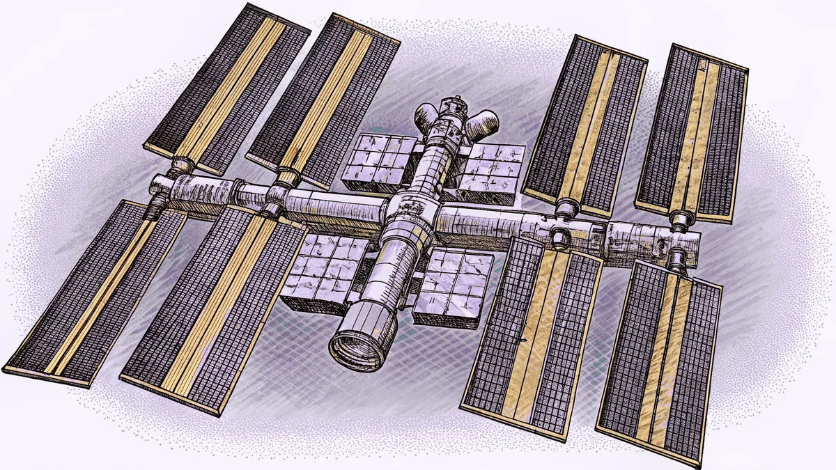 ISS orbiting Earth with extended solar panels glinting, modules connected, visiting spacecraft docked.