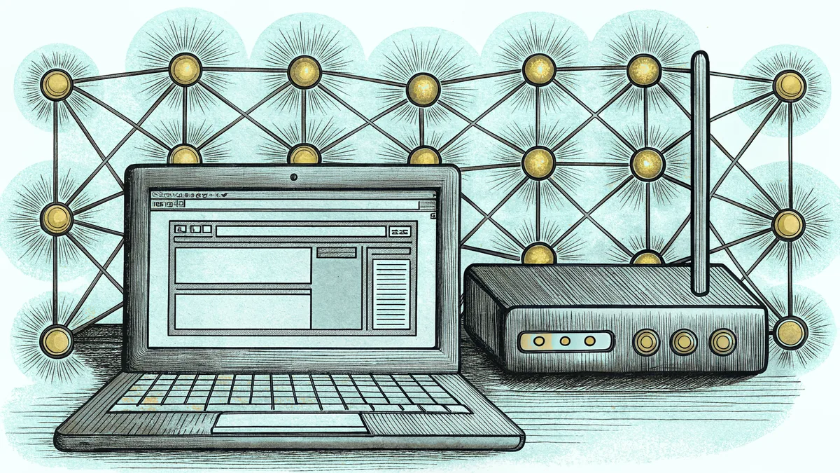 Computer network with wireless router, connected nodes, and web browser visible.