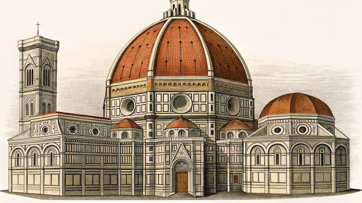 A fresco scaffold rises against a cathedral dome beside a sculptor's marble block.