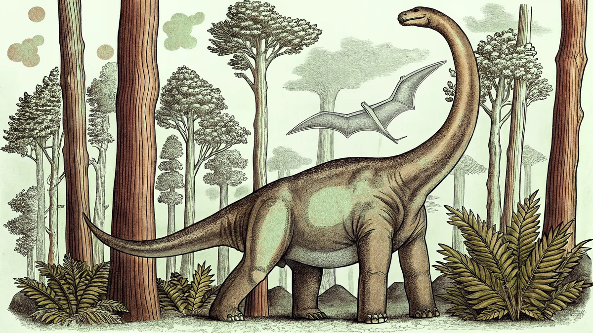 Prehistoric landscape with long-necked sauropods and pterosaurs.