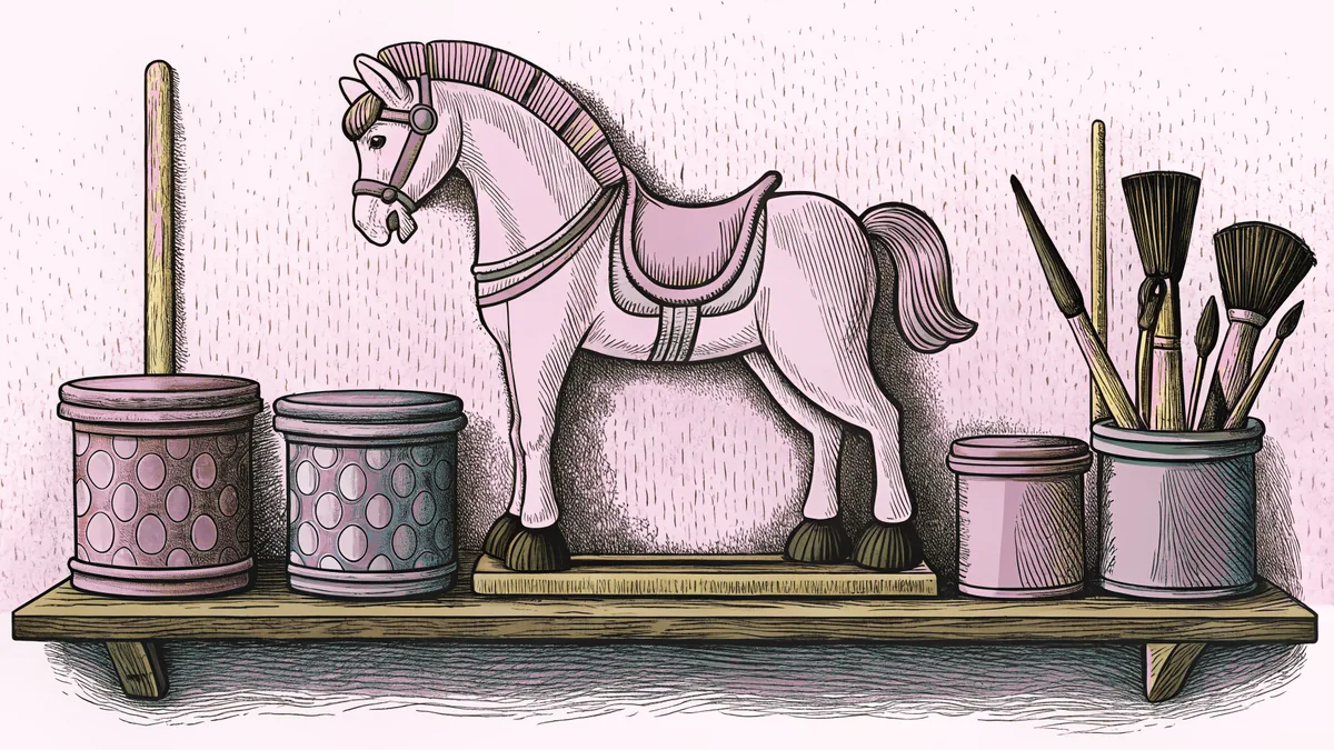 Paint pots and brushes rest beside a carousel horse on a shelf.