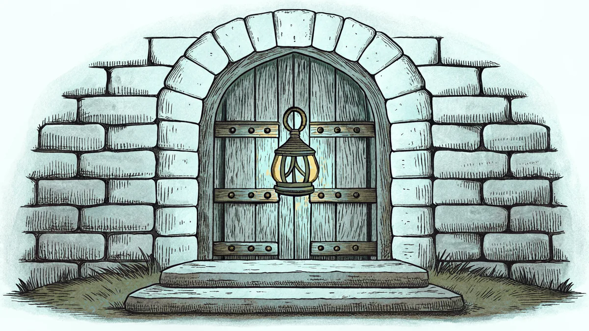 A stone dungeon doorway with an iron-bound shield, lantern and mossy steps.