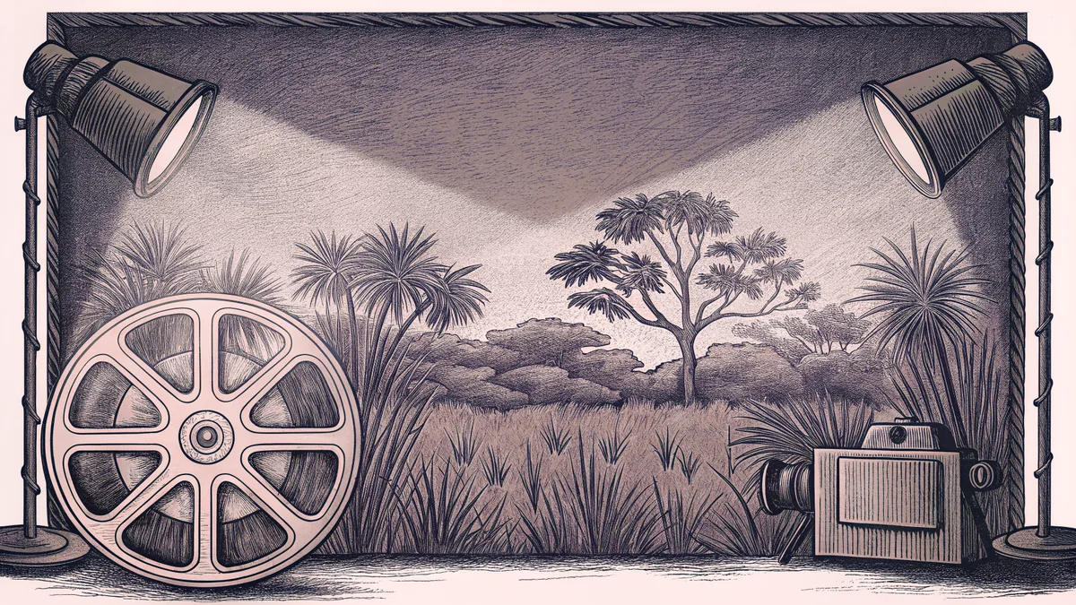 A film reel and projector lens sit near a painted savanna scene with dramatic lighting.