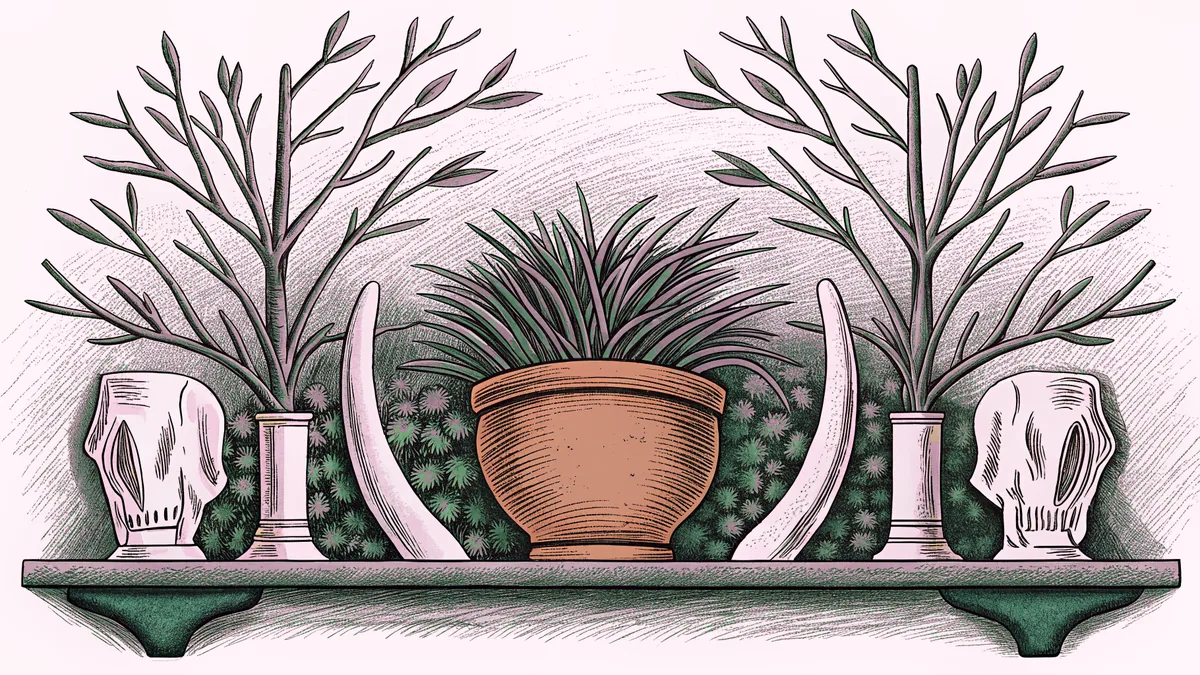 Dried savanna grass and acacia branches fill a terracotta pot beside carved animal bone totems.