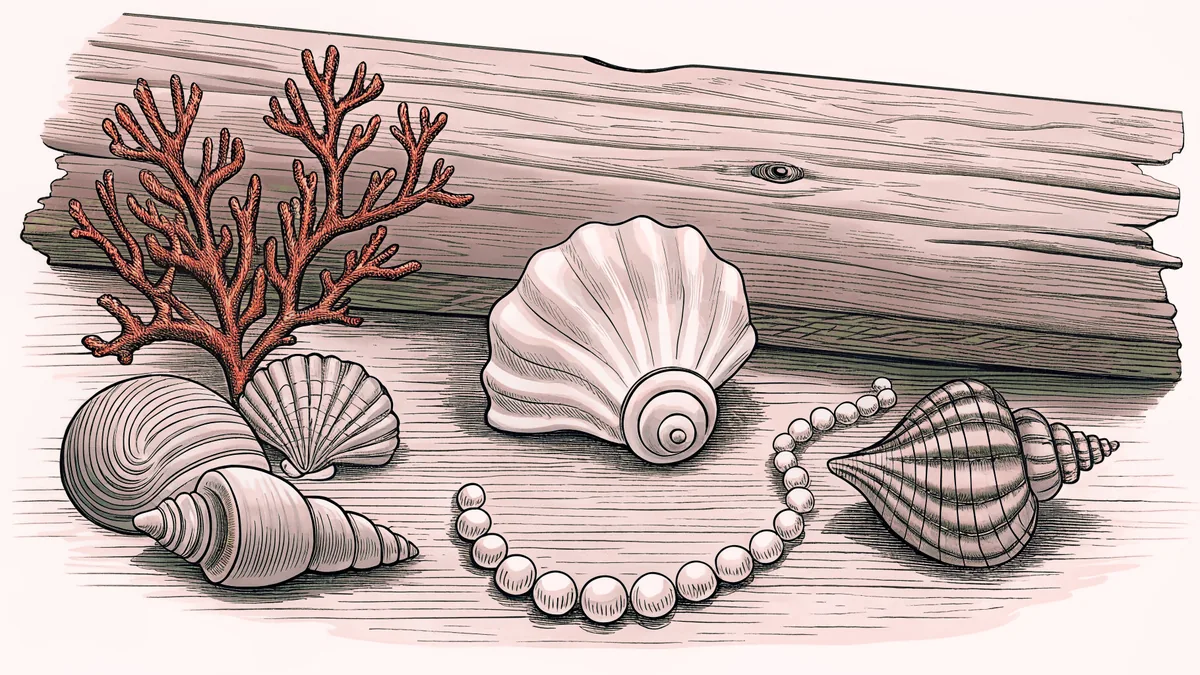 Seashells and pearls rest beside a coral branch on a weathered wooden dock.