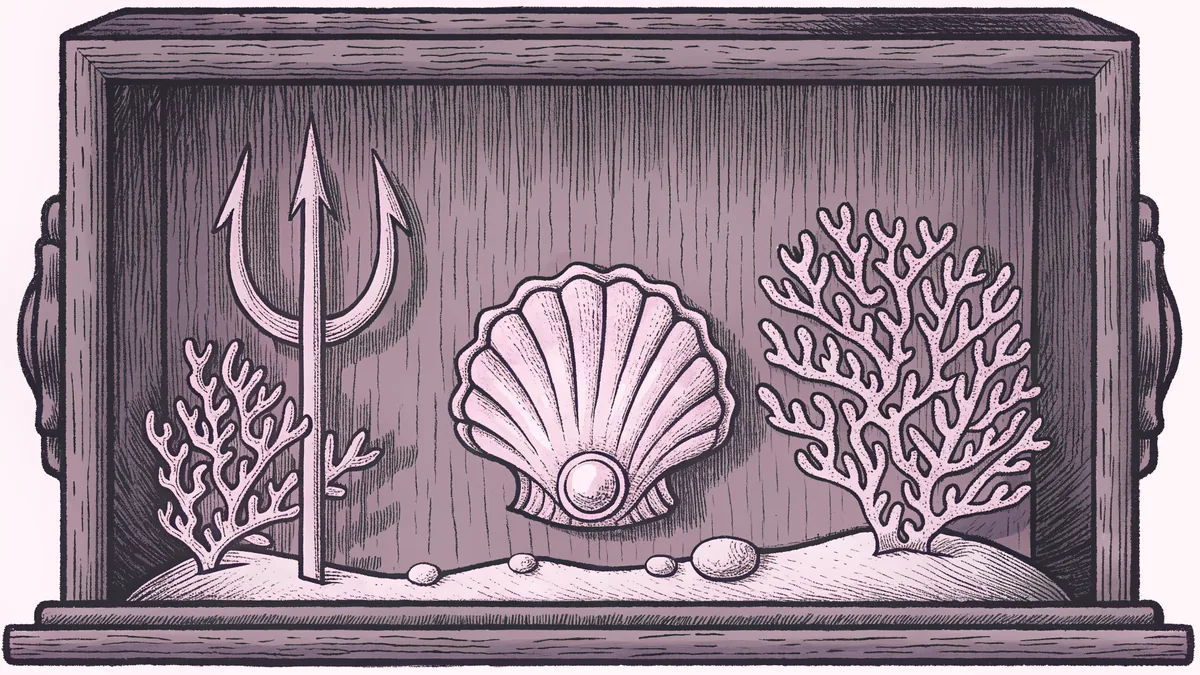 Pearls and seashells surround a trident beside coral spires arranged in a sea-glass shadow box.