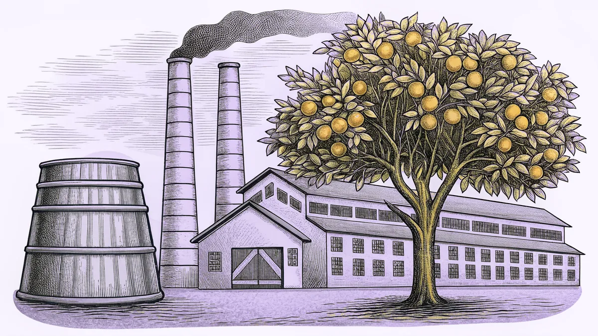 A tufted orange tree stands beside a tin of seeds and a smoking factory chimney.