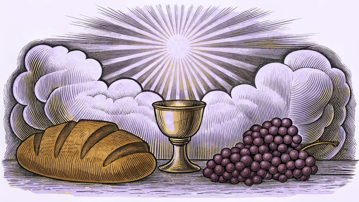Loaf of bread and bunch of grapes on stone altar with light rays breaking through clouds