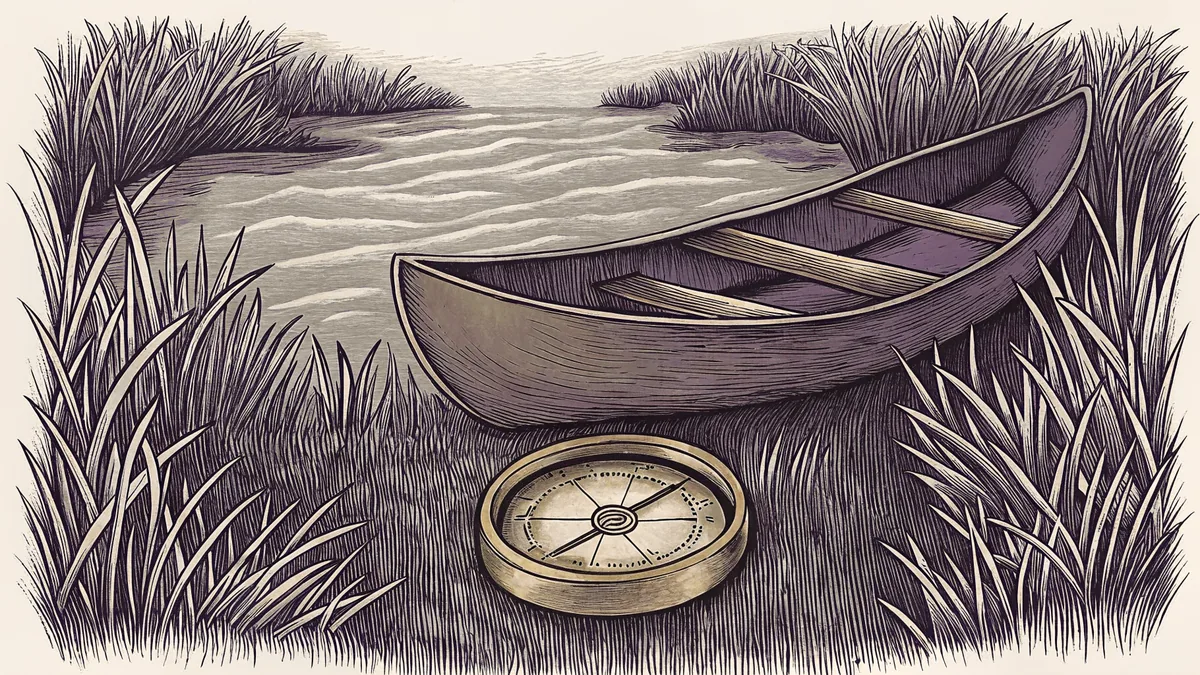 A brass compass and a canoe rest on a riverbank at the edge of open frontier land.