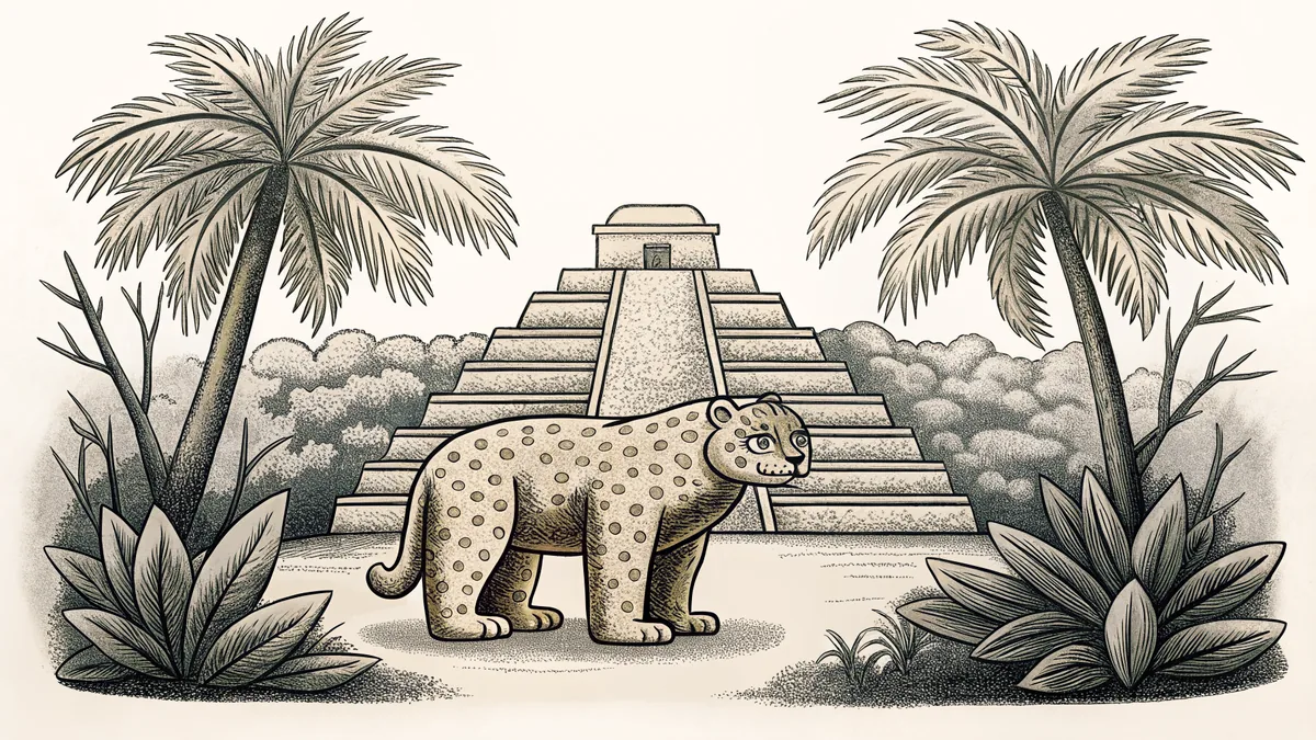 Jade jaguar sculpture stands before a stepped Maya pyramid temple overlooking a sacred cenote surrounded by jungle.