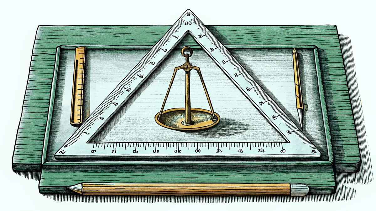 Ruler, balance scale, and thermometer arranged on a measurement workbench.