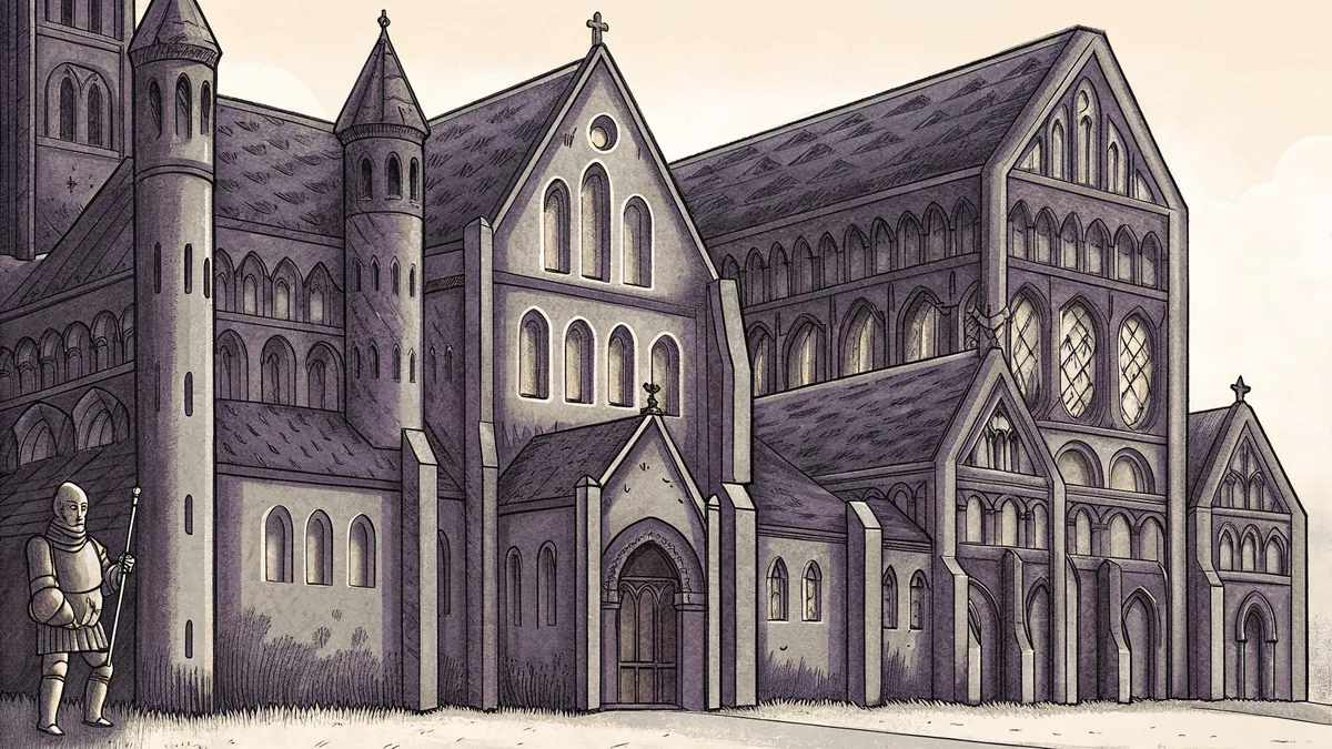 Armored knight stands beside medieval monastery and soaring cathedral with blacksmith forge at ground level.