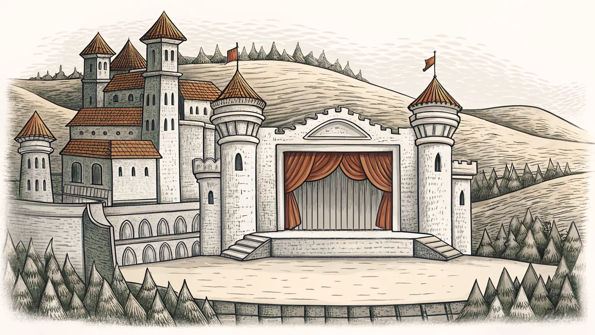 A medieval landscape with a castle, knights, and tournament.
