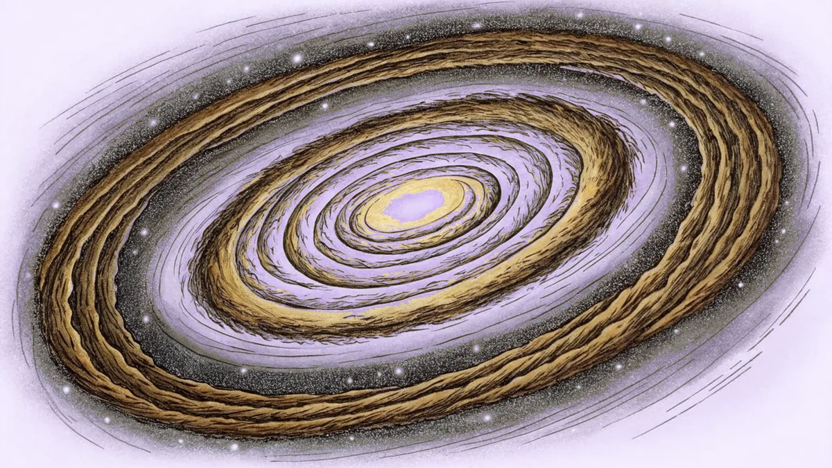 Milky Way spiral galaxy with bright galactic center, dark dust lanes, and scattered star clusters.