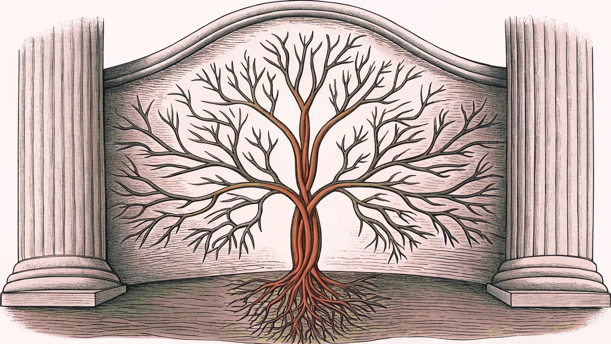 A glowing branched neuron trails dendrites over a softly lit spinal column in the dark.