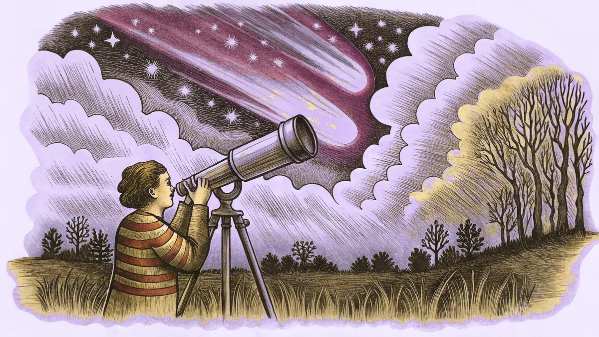 Observer gazing upward with binoculars beneath a night sky showing aurora, meteor, and Milky Way.