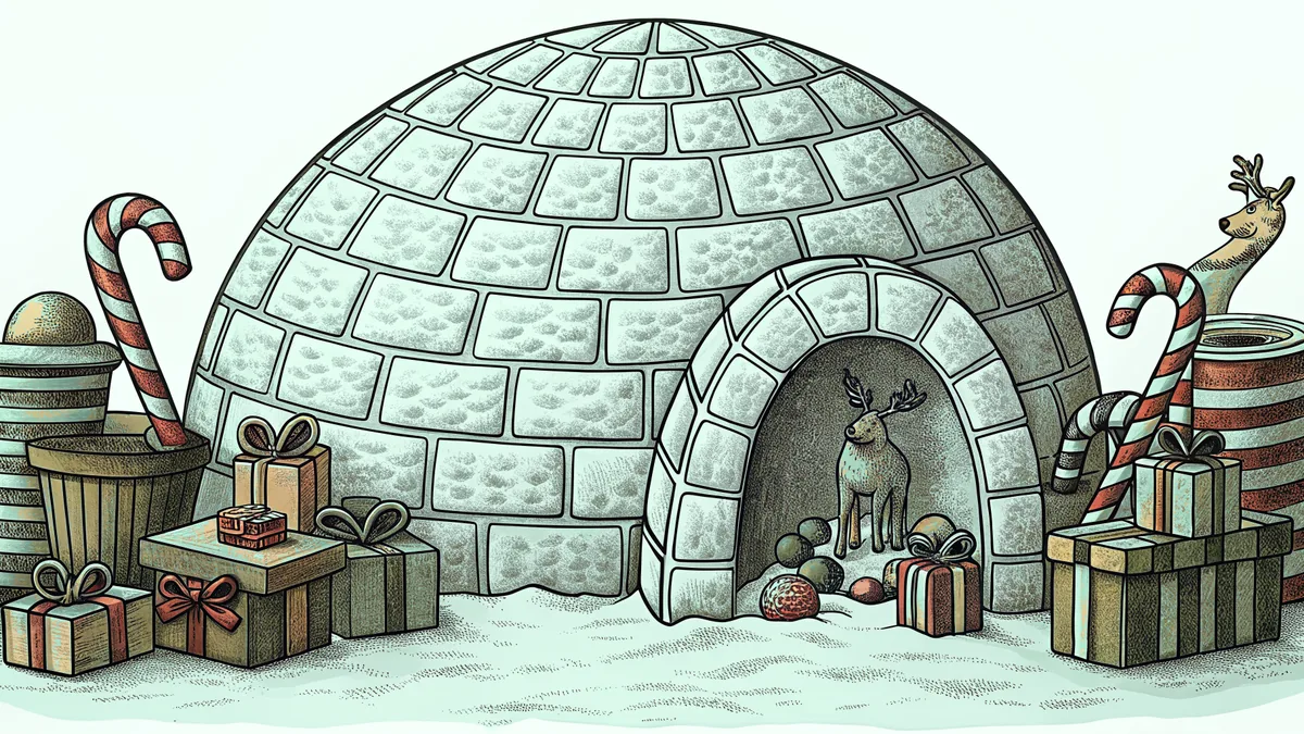 North Pole workshop with toys on shelves, reindeer nearby, and candy cane decorations
