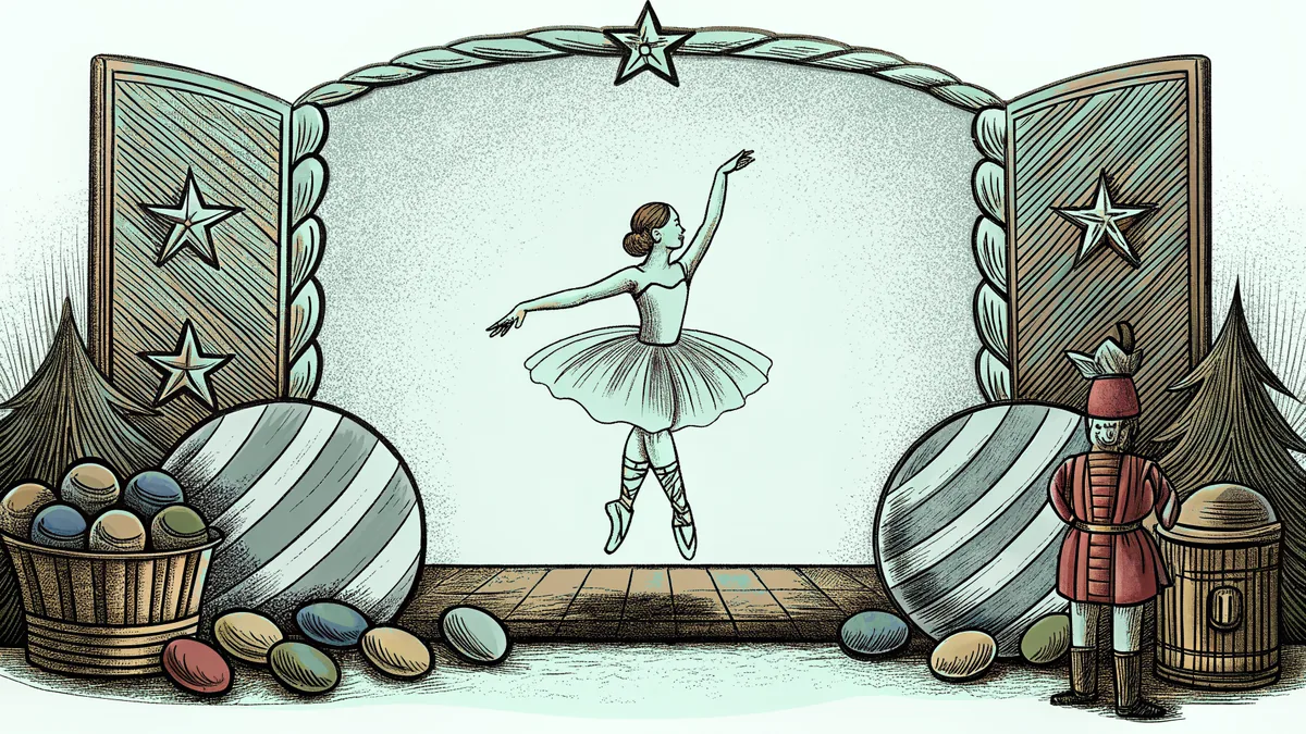 Ballet dancer in pink tutu performing near wooden nutcracker with candy decorations
