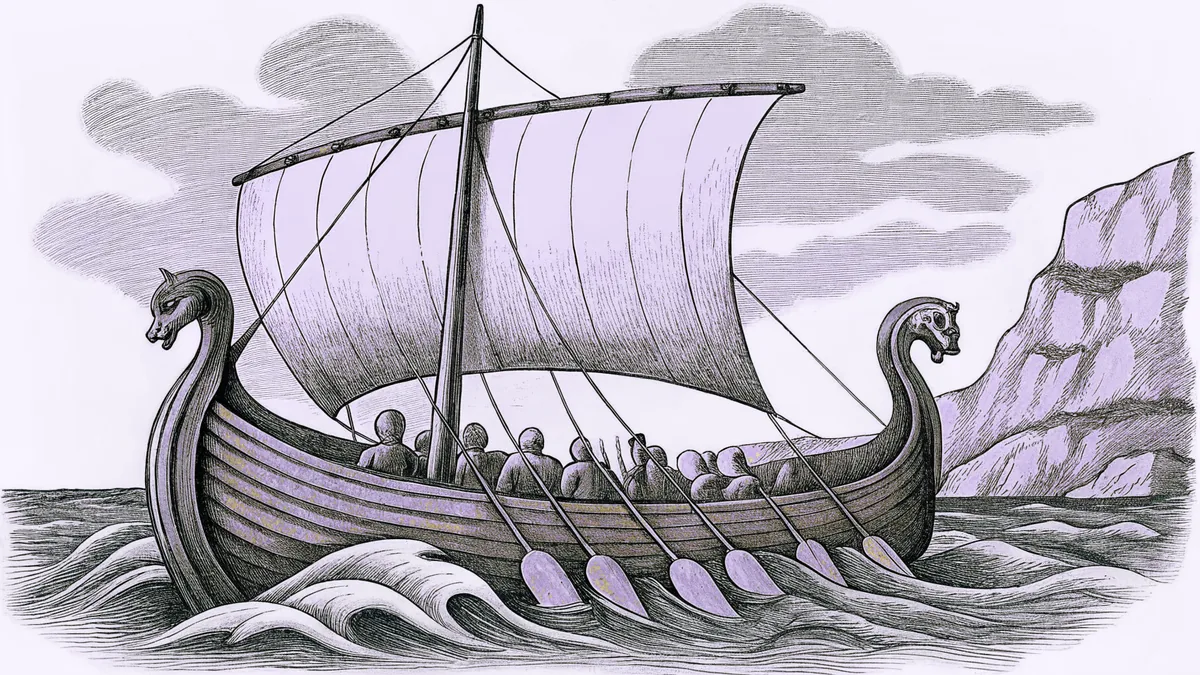 Ancient Greek sailing vessel on stormy seas with mythical creatures.