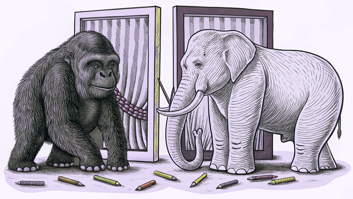 A gorilla and an elephant stand behind enclosure glass, crayons scattered across the floor.
