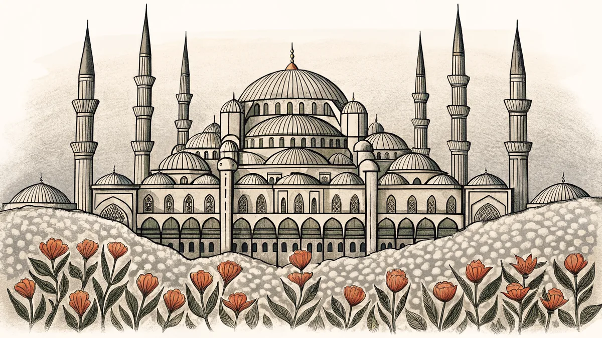 Blue Ottoman mosque with tall minarets overlooks a bustling bazaar marketplace filled with crimson tulips and textiles.