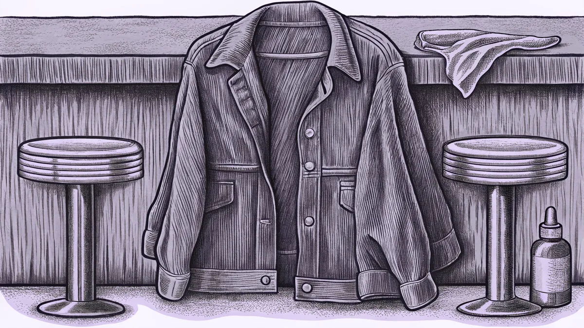 A denim jacket hangs over a diner stool beside a closed switchblade and a bottle of hair grease.