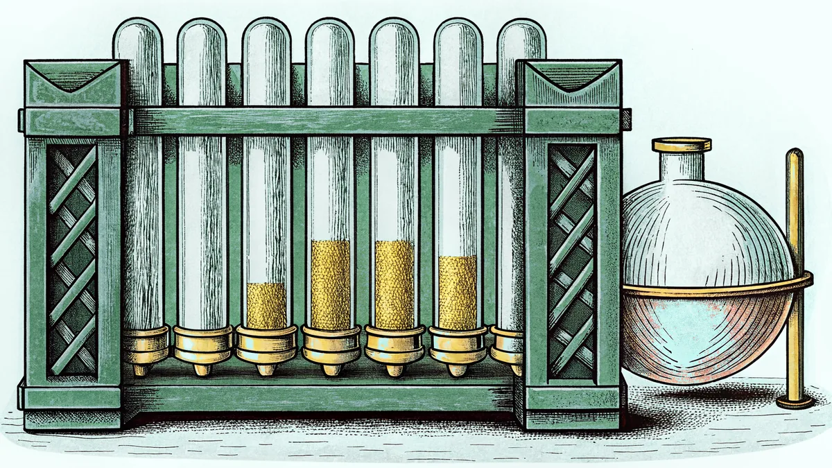 A rack of test tubes holding colored salts stands beside a copper ingot and a sealed ampoule.