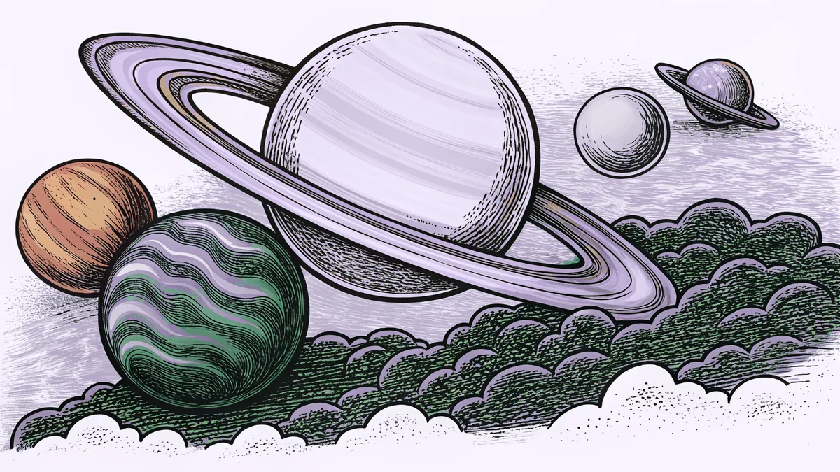 Solar system's eight planets arranged by size with Saturn's rings and Jupiter's storm systems visible.