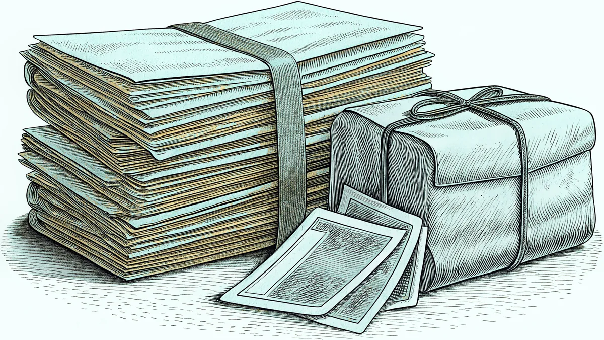 A stack of envelopes and stamps sits beside a mailbox and a wrapped parcel.
