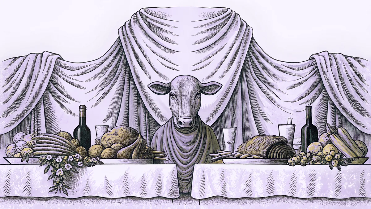 Young calf among sumptuous feast dishes with purple robe draped nearby