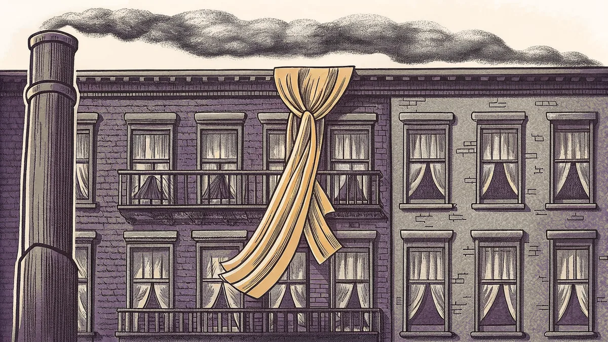 A suffrage sash drapes over a tenement stoop beneath a smoking factory chimney.