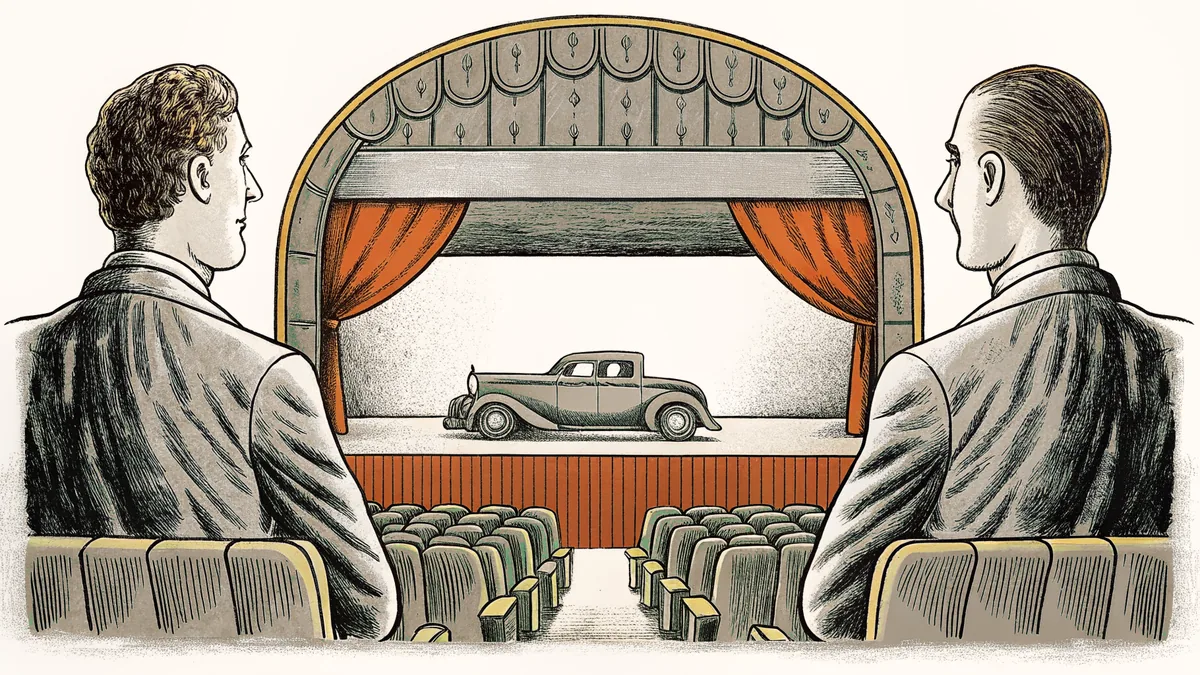 Jazz musicians play saxophone and piano inside a dimly lit speakeasy with a vintage automobile parked outside.