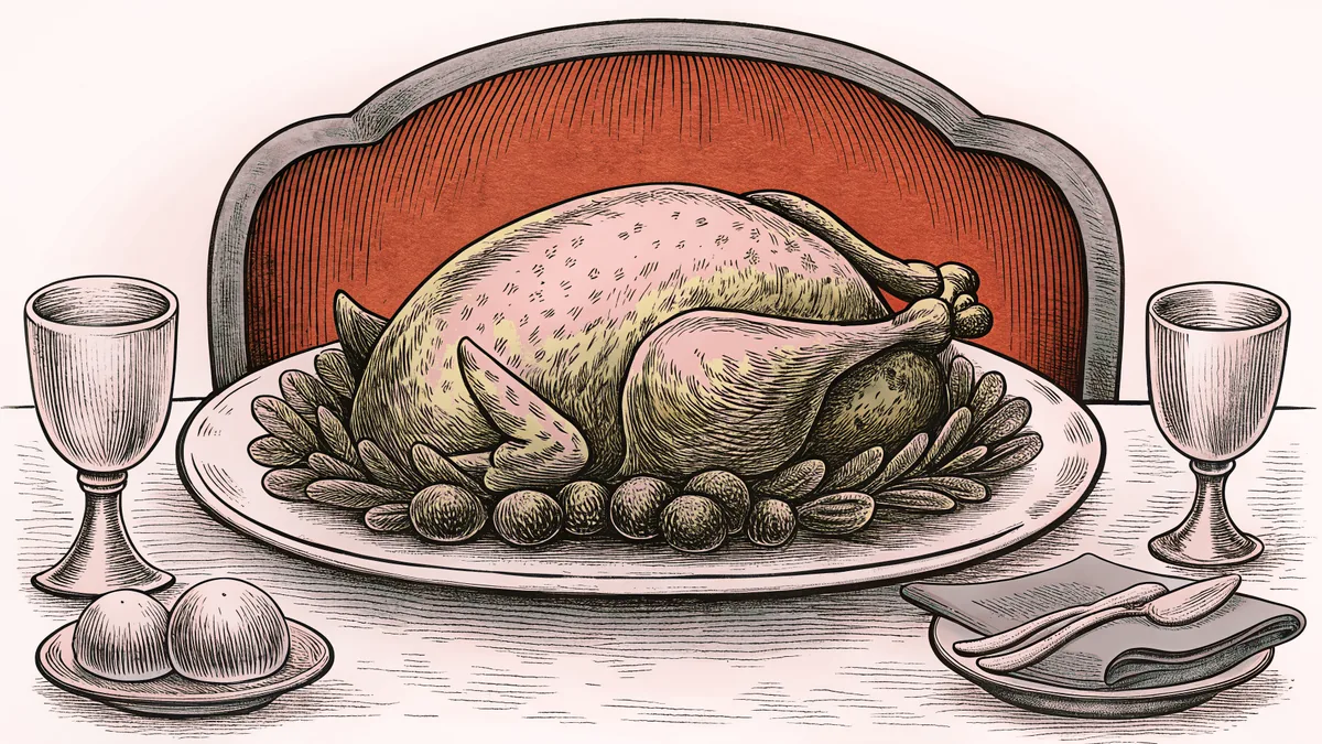 A golden roasted turkey sits on a platter, ready to be carved.