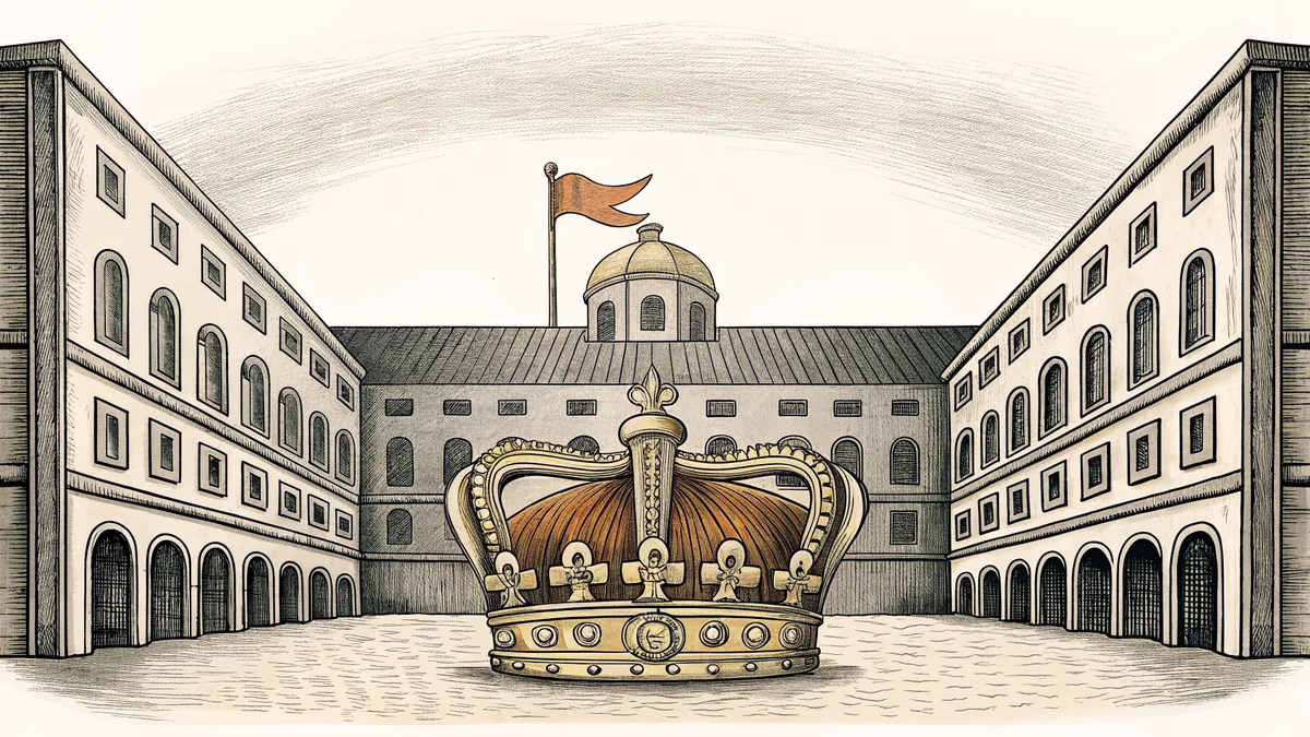 An ornate crown and a red flag rest above a cobblestone square beside a factory bell.