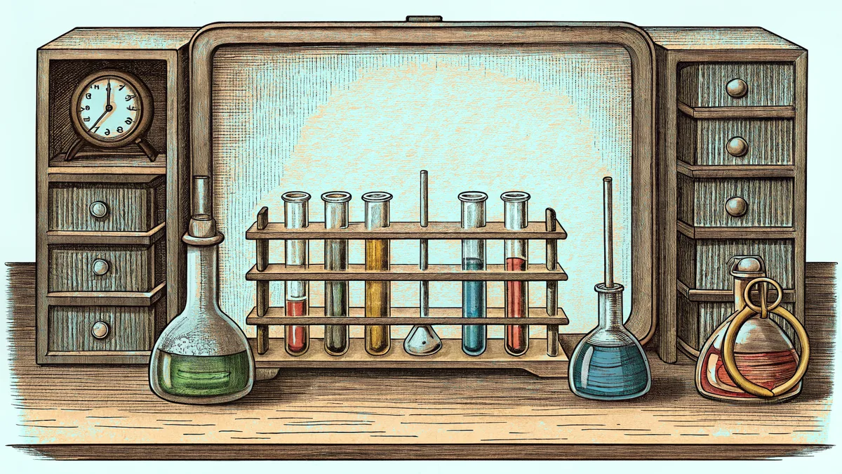 Beakers of colored liquid, a stopwatch and a rack of sealed test tubes on a laboratory bench.