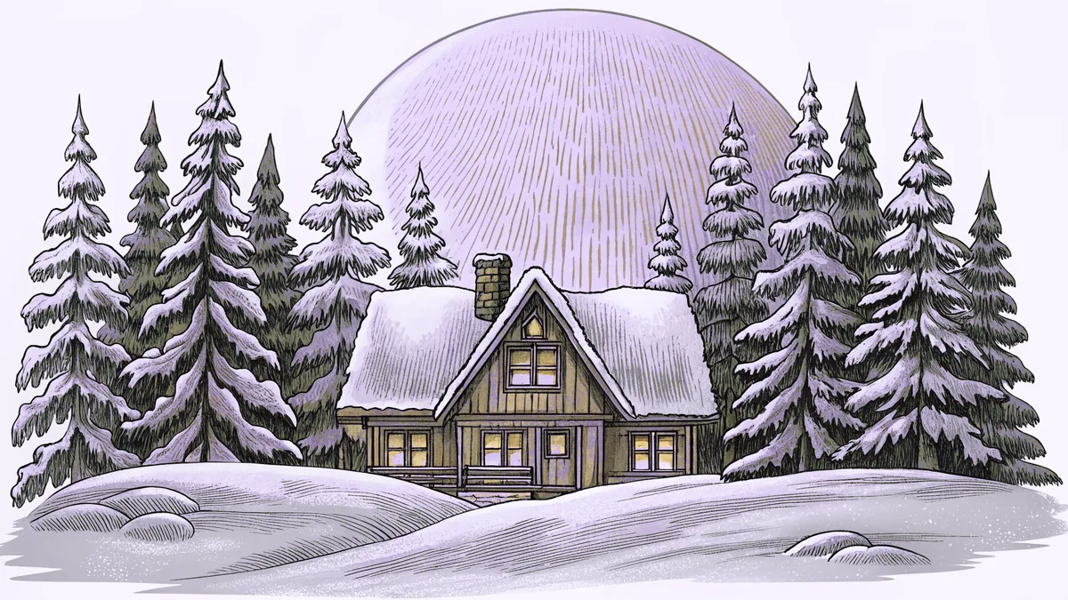 A snow-covered mountain lodge stands beneath tall pines under a full moon.