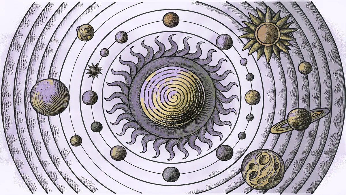 Sun-centered solar system with eight orbiting planets, asteroids scattered, distant Kuiper Belt visible.