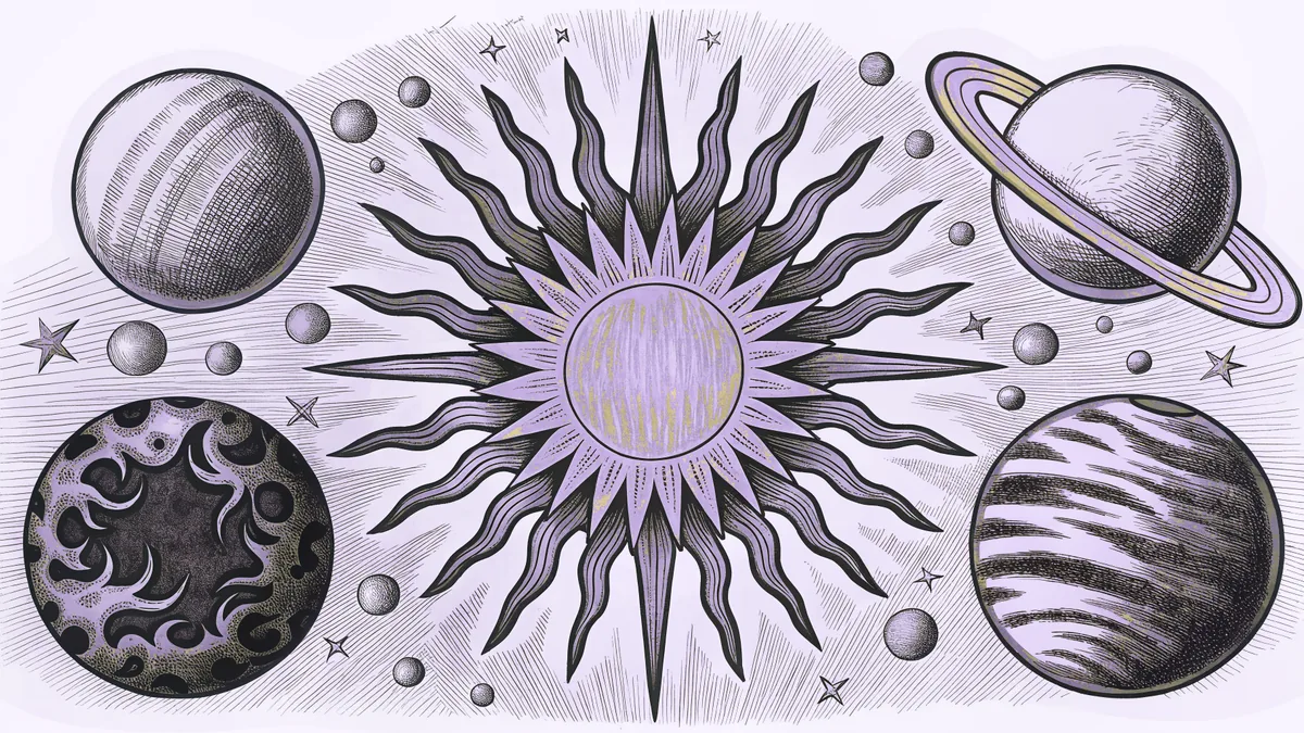 The sun at center surrounded by orbiting planets and floating asteroids