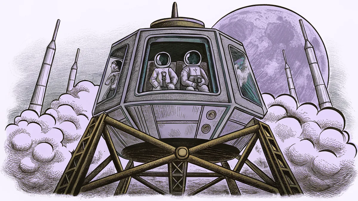 Apollo lunar module descending to the lunar surface with suited astronauts and rockets launching in distance.