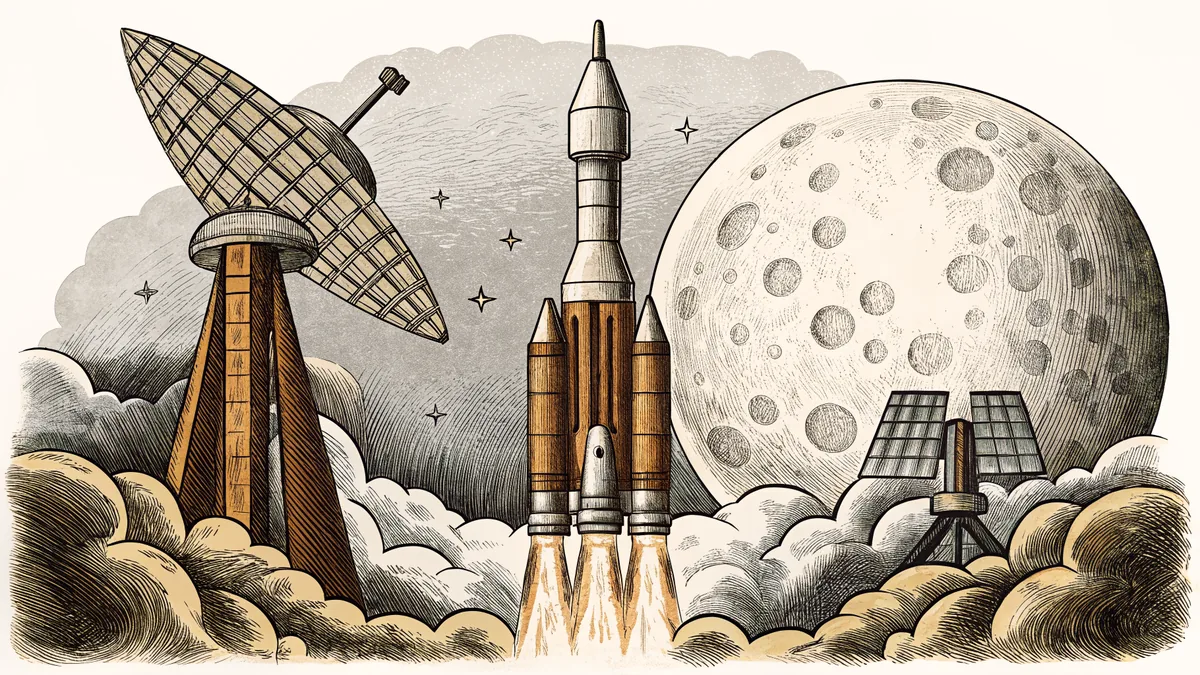 A rocket launches toward a cratered moon with satellites and spacecraft orbiting among distant stars.